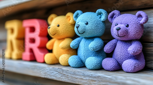 Colorful teddy bears on wooden shelf.
