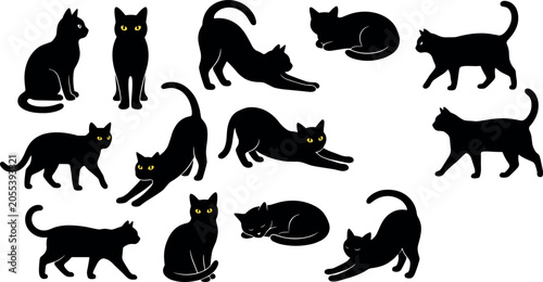Картината върху платно Black Cat Silhouette Vector Set Featuring Various Poses Like Stretching Sitting