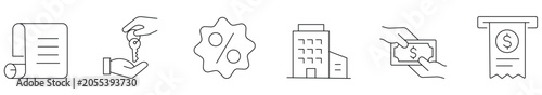 Valokuva Real estate line icon set featuring property deed, key handover, interest rate, building, cash payment, invoice receipt, mortgage and home loan
