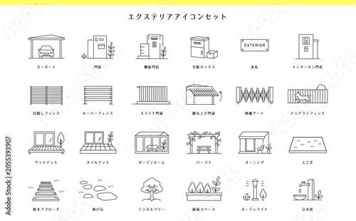 エクステリアアイコンセット24個｜外構・カーポート・ガーデンを表す線画アイコン