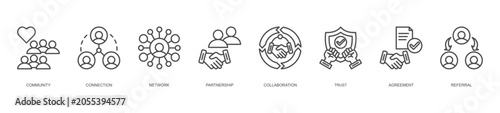 affiliate network foundation icon set collection in line style. icon set consist of community, connection, network, partnership, collaboration, trust, agreement, referral