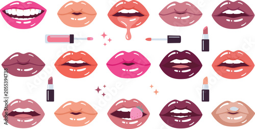 Bild auf Leinwand Glossy Lip Makeup Collection with Lipstick and Lip Gloss Shades, Beauty Cosmetic