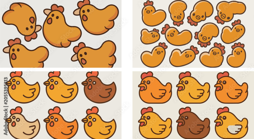 Obraz premium Collection of cute cartoon chickens in various poses and colors on light gray background