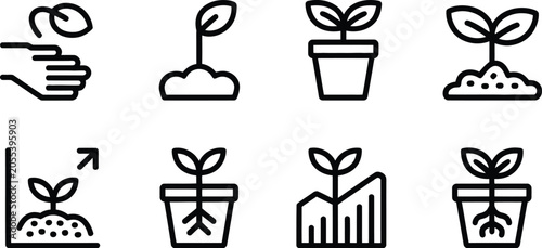 Plant growth and business investment line icon set featuring seedling cultivation potting soil hand planting and financial development chart vector.