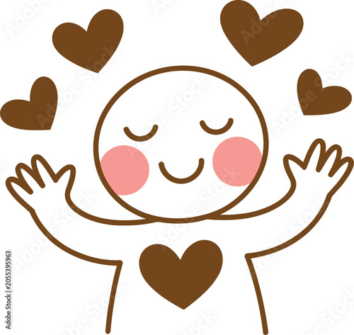 Φωτογραφία Cute stick figure cartoon character with rosy cheeks smiling happily with open arms surrounded by floating brown love hearts vector