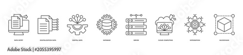 data infrastructure icon set collection in line style. icon set consist of data entry, digitalization data, digital data, database, server, cloud computing, integration, blockchain