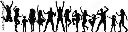 Fotografía Large set of black silhouettes of happy people jumping and dancing in celebratio