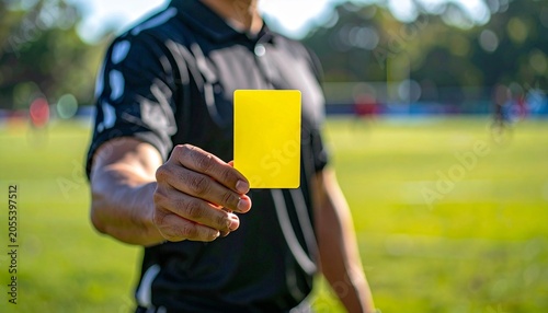 Referee Holding Yellow Card During Soccer Match Outdoor.