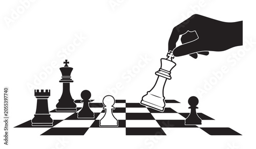 Foto Hand moving king chess piece on checkered board with other game elements vector