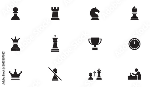 Fotografía Comprehensive collection of chess related symbols including trophy clock and board moves