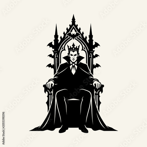 Gothic Vampire King Silhouette Sitting on Ornate Bat Throne Vector Illustration