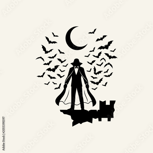 Vampire Silhouette Standing on Ledge with Swarm of Bats and Crescent Moon Vector Illustration