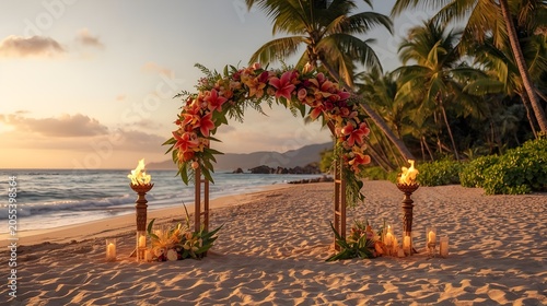 Tropical beach wedding scene with elegant arch, palm trees, and serene ocean view at sunset