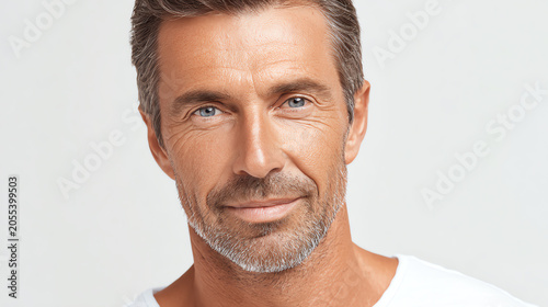 A close-up portrait of a confident middle-aged man with a warm smile and stylish appearance, showcasing personal charisma and style.