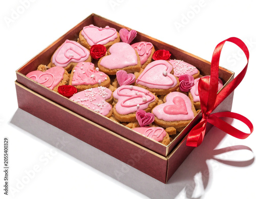 Pink Heart-Shaped Cookies in Gift Box with Red Ribbon