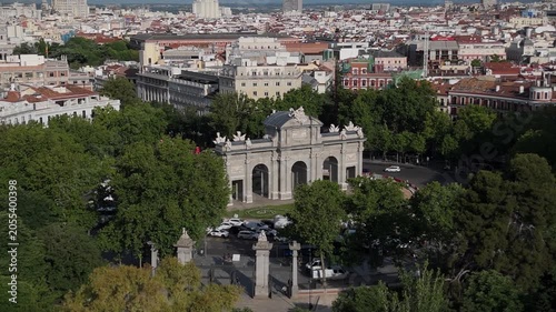 Aerial view of Puerta de Alcala gate landmark in Madrid