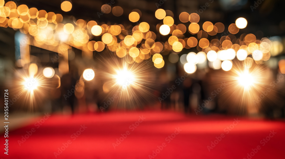 A glamorous red carpet event background with flashing camera lights and golden bokeh. Perfect for award ceremonies and VIP party visuals.