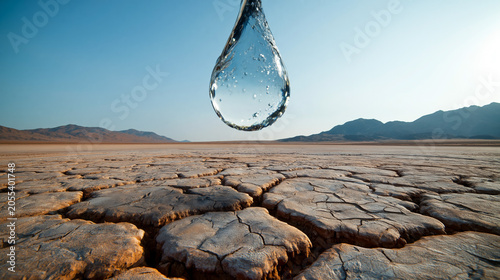 A single, precious drop of water over a cracked desert, a powerful concept of drought and climate change. Perfect for environmental campaigns.