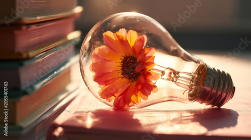 An inspiring concept of creative knowledge, with a flower growing in a lightbulb near books. Perfect for education and innovation content.
