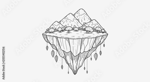 Tableau sur toile Hand-drawn floating island with mountains and trees, fantasy landscape illustrat
