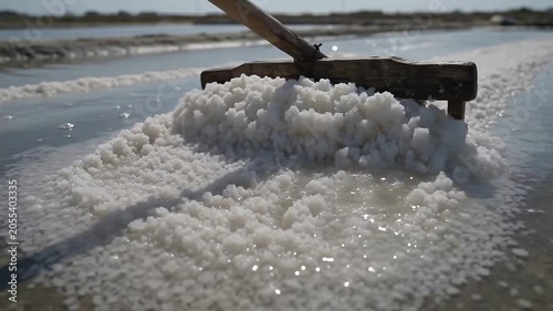 Coastal farmer harvesting coarse white sea salt in shallow water