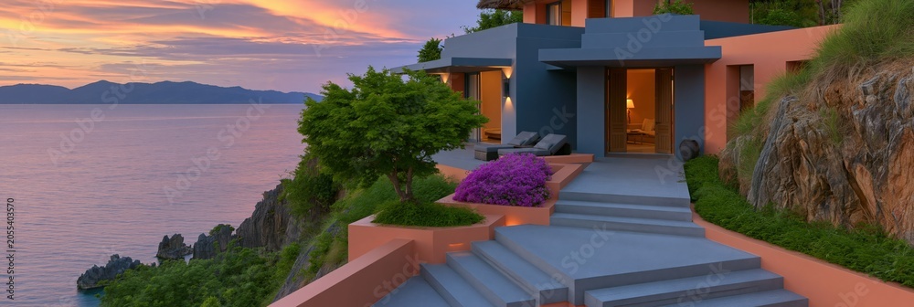 Fototapeta premium Contemporary seaside villa entrance with panoramic terrace and landscaped steps facing sunset for banner and wallpaper background use