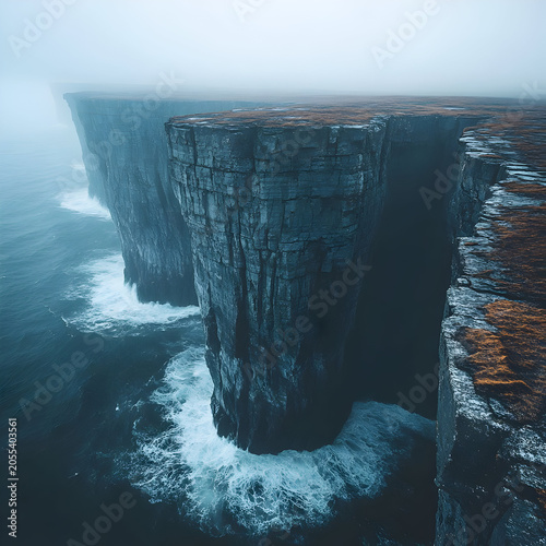 Dramatic ocean cliffs in foggy weather.