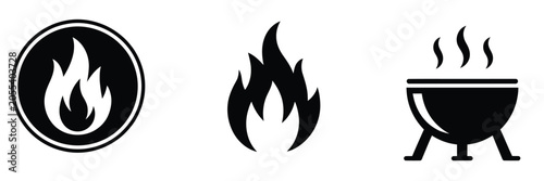 Konstfotografi Black and white vector icon set of fire flames and a barbecue grill isolated on