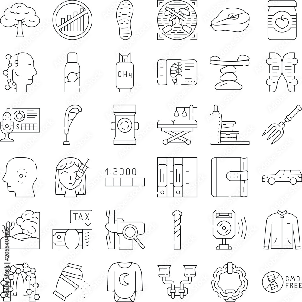 Naklejka premium Collection of thin line vector icons depicting diverse concepts and objects from medical care, nature, healthy lifestyle, technology, and everyday items