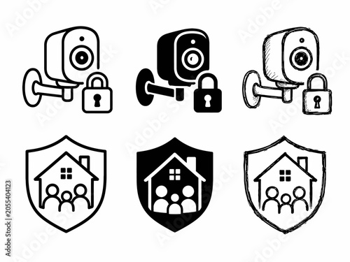 Home security icons: cameras, locks, and shield designs for safety systems