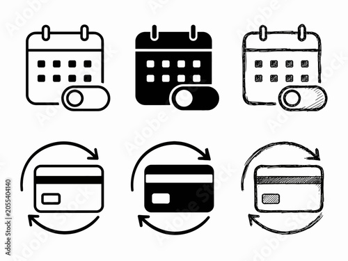 Calendar and credit card icons: outline and sketch styles