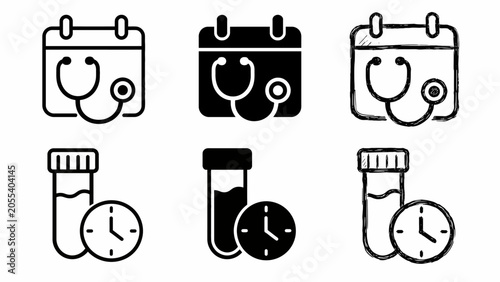 Medical appointment icons: stethoscope, calendar, test tube, clock