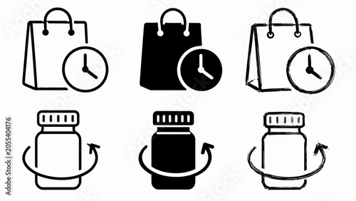 Shopping bag and medicine time icons: clock and pill bottle illustrations
