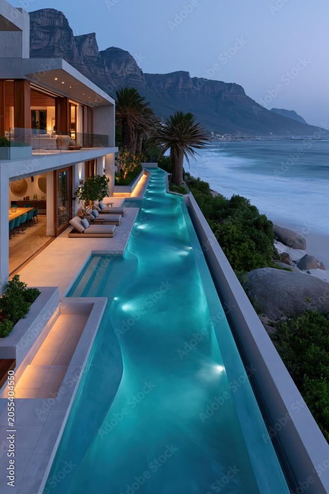Fototapeta premium Luxury cliffside infinity pool at twilight with panoramic ocean view for resort wallpaper and real estate design