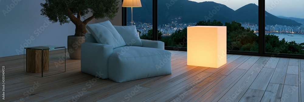 Fototapeta premium Modern luxury living room background with glowing cube light and panoramic city view for interior design wallpaper and banner