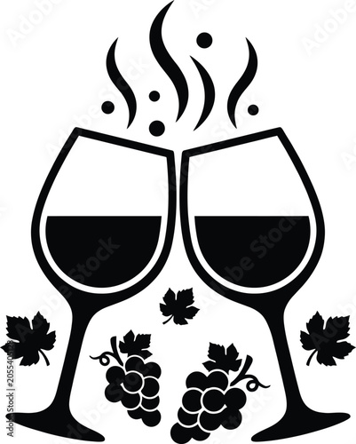 Fotografía Stylized clinking wine glasses vector icon with grape bunches and leaves celebra
