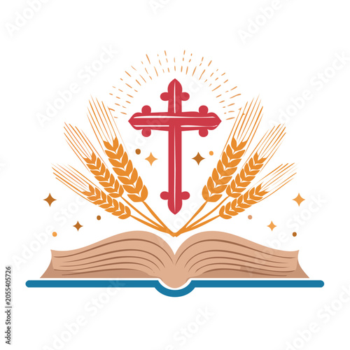 Christian Cross with Wheat and Open Book Illustration