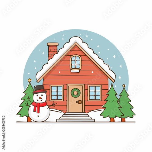 Cozy Winter Cabin with Snowman and Christmas Trees
