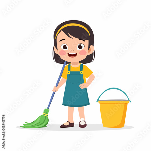Cute cartoon girl mopping the floor with a bucket