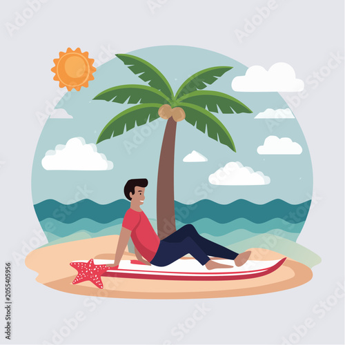 Man relaxing on surfboard on tropical beach