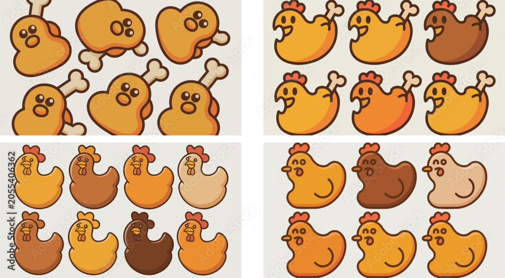 Obraz premium Collection of various cartoon chickens in different poses and colors on light gray background