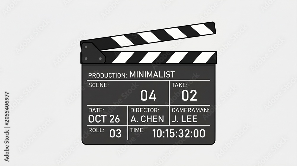 Naklejka premium Minimalist 2D illustration of a film clapperboard for creative film and video production projects/369998232293 featuring professional scene details