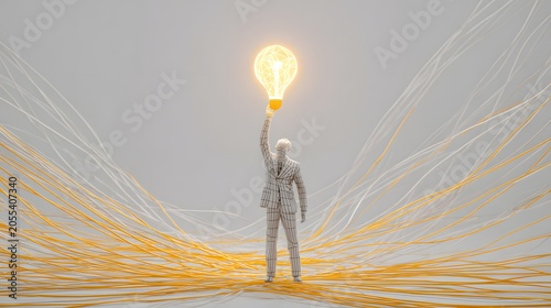 Man Holding Light Bulb Above Head with Connection Lines and Network Background