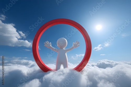 3D illustration of a human figure with outstretched arms standing in front of a red circular frame in the sky