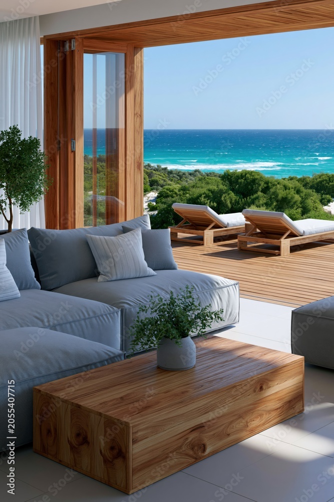 Obraz premium Modern coastal living room with ocean view and wooden deck for summer vacation background and interior design