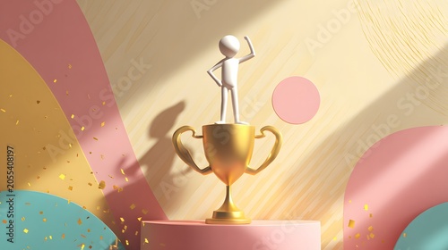 3D Human Figure Standing on a Gold Trophy Cup with Hands on Hips