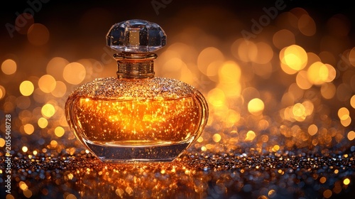 Luxurious perfume bottle on golden glitter background
