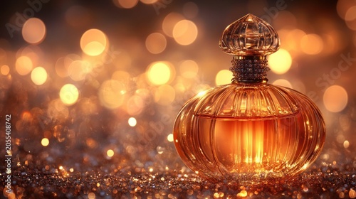 Luxurious perfume bottle on sparkling background