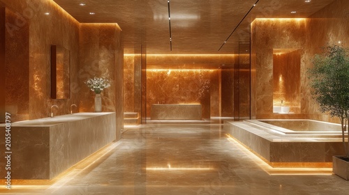 Luxurious spa interior, warm golden tones, elegant bathrooms, modern design