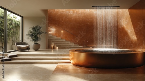 Luxury bathroom waterfall tub, stairs, plants, window view